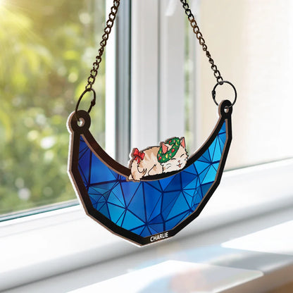 Sleeping Lying Pet Dog Cat On The Moon - Personalized Window Hanging Suncatcher Ornament