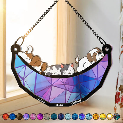 Sleeping Lying Pet Dog Cat On The Moon - Personalized Window Hanging Suncatcher Ornament