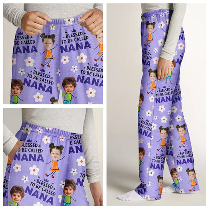 Custom Photo Bless To Be Called Grandma Nana Flower Pattern - Personalized Pajama Pants