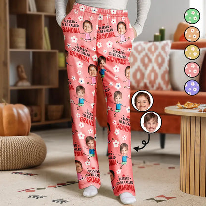 Custom Photo Bless To Be Called Grandma Nana Flower Pattern - Personalized Pajama Pants