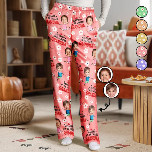 Custom Photo Bless To Be Called Grandma Nana Flower Pattern - Personalized Pajama Pants