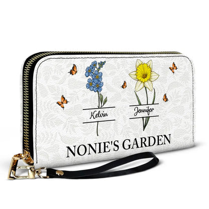 Grandma's Garden Birth Flowers Grandkids - Personalized Leather Long Wallet