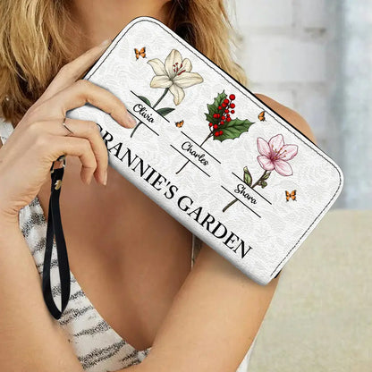 Grandma's Garden Birth Flowers Grandkids - Personalized Leather Long Wallet