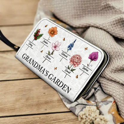 Grandma's Garden Birth Flowers Grandkids - Personalized Leather Long Wallet