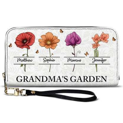Grandma's Garden Birth Flowers Grandkids - Personalized Leather Long Wallet
