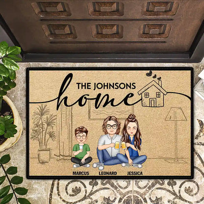 Couple Home With Pet And Kid - Personalized Doormat