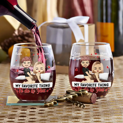 Chibi Couple My Favorite Thing To Do Is You - Personalized Stemless Wine Glass