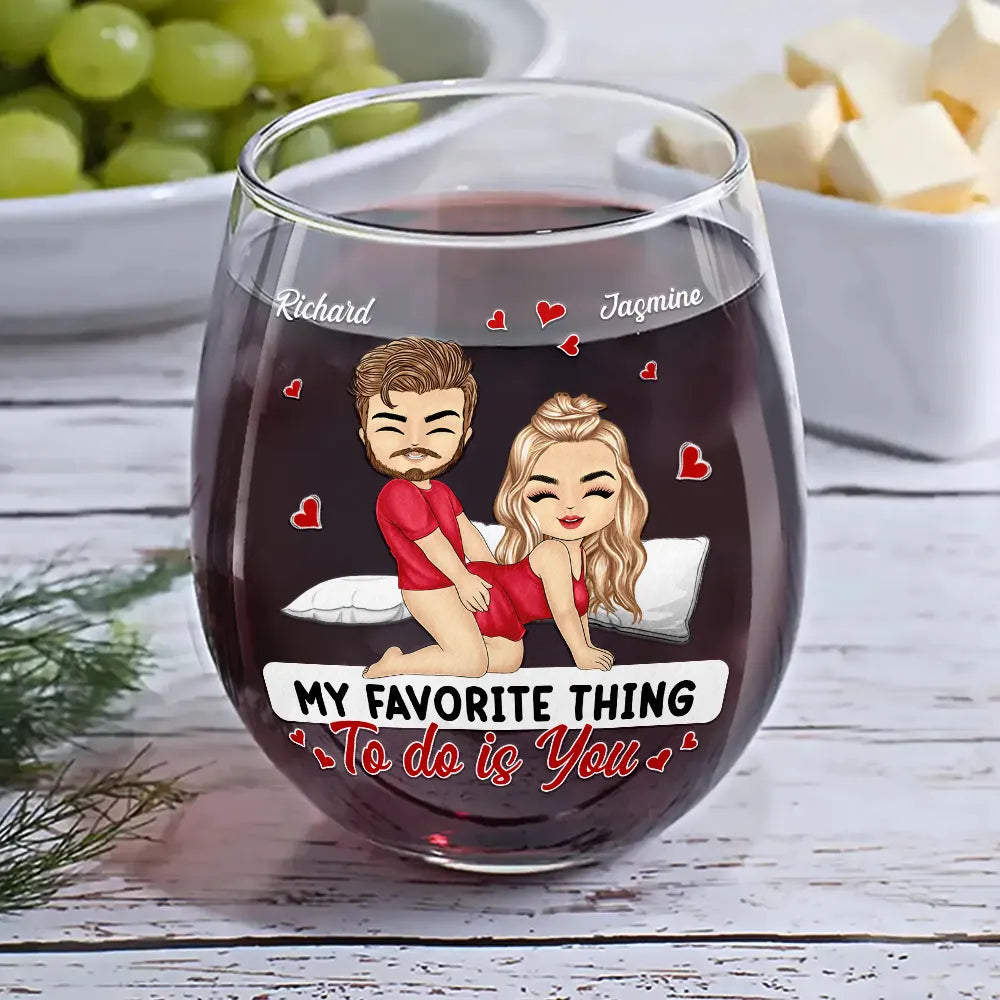 Chibi Couple My Favorite Thing To Do Is You - Personalized Stemless Wine Glass