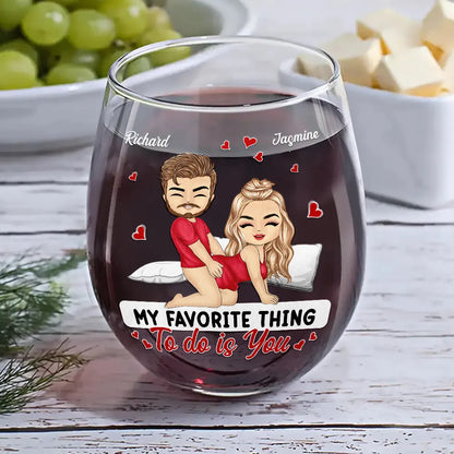 Chibi Couple My Favorite Thing To Do Is You - Personalized Stemless Wine Glass
