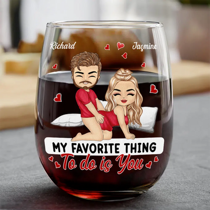 Chibi Couple My Favorite Thing To Do Is You - Personalized Stemless Wine Glass