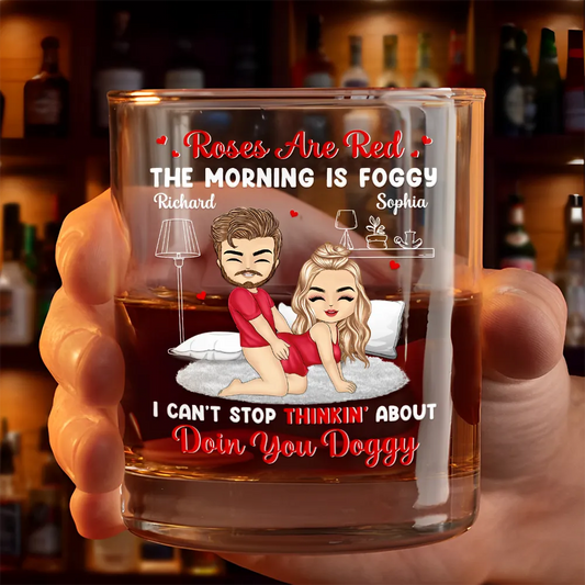 Chibi Couple Roses Are Red The Morning Is Foggy - Personalized Whiskey Glass