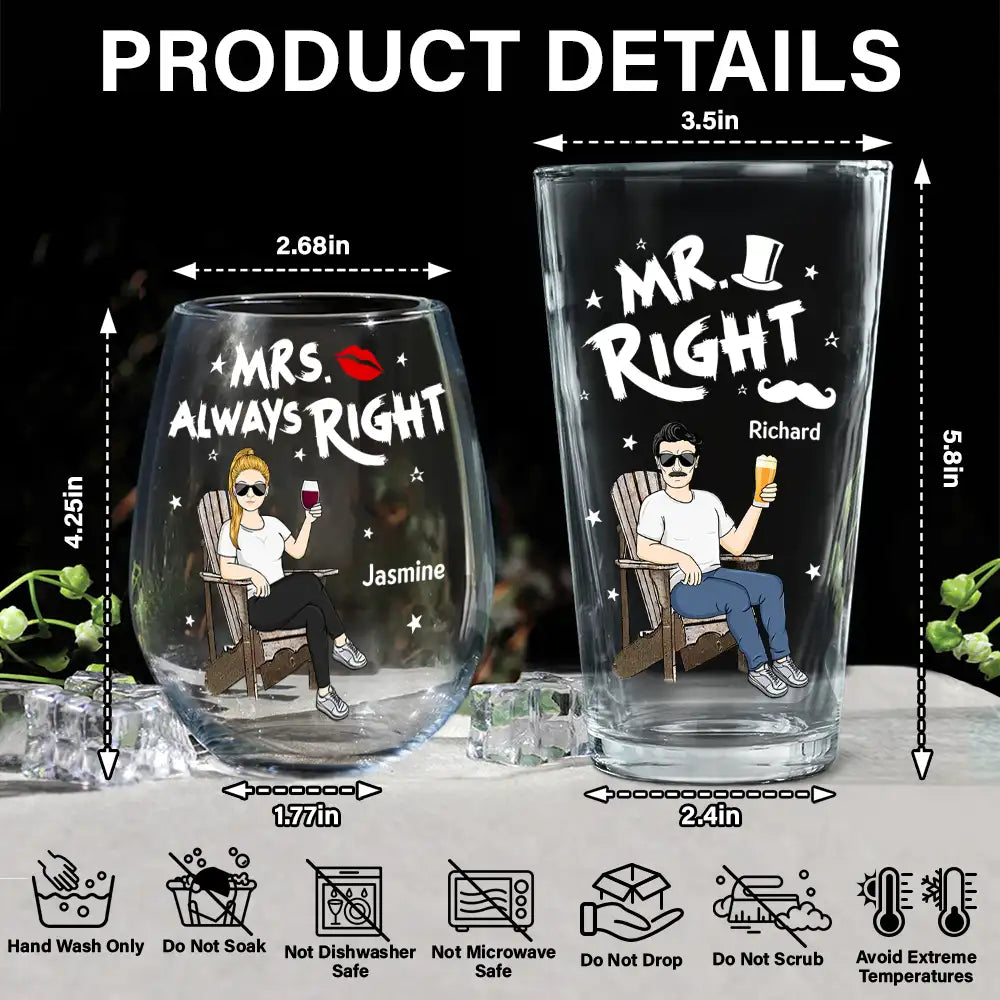 Gift For Couples,Gift For Mother,Gift For Father,Happy - Couple Mr Right Mrs Always Right - Personalized Combo Wine & Beer Glass