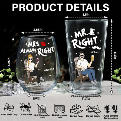 Couple Mr Right Mrs Always Right - Personalized Combo Wine & Beer Glass