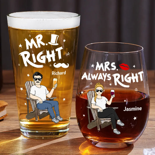 Couple Mr Right Mrs Always Right - Personalized Combo Wine & Beer Glass