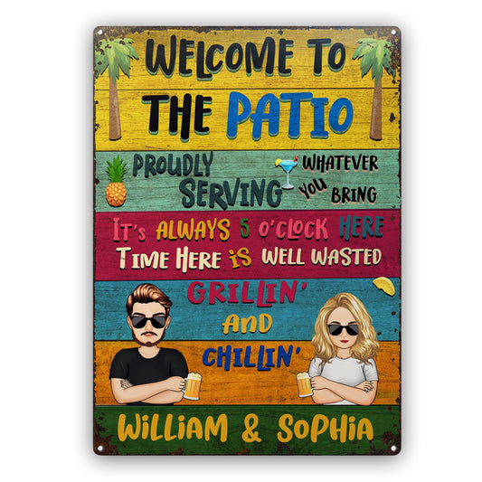 Patio Welcome Grilling Proudly Serving Whatever You Bring Cartoon Couple Single - Home Decor, Backyard Decor, Gift For Her, Him, Family, Husband, Wife - Personalized Custom Classic Metal Signs