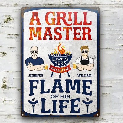 A Grillmaster Lives Here - Personalized Classic Metal Signs