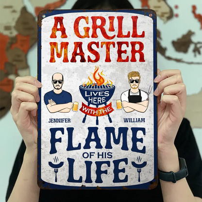 A Grillmaster Lives Here - Personalized Classic Metal Signs