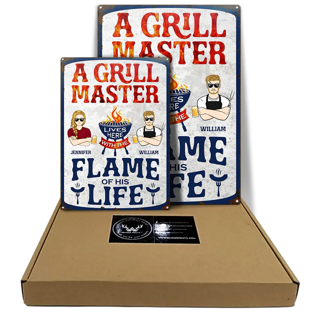 A Grillmaster Lives Here - Personalized Classic Metal Signs