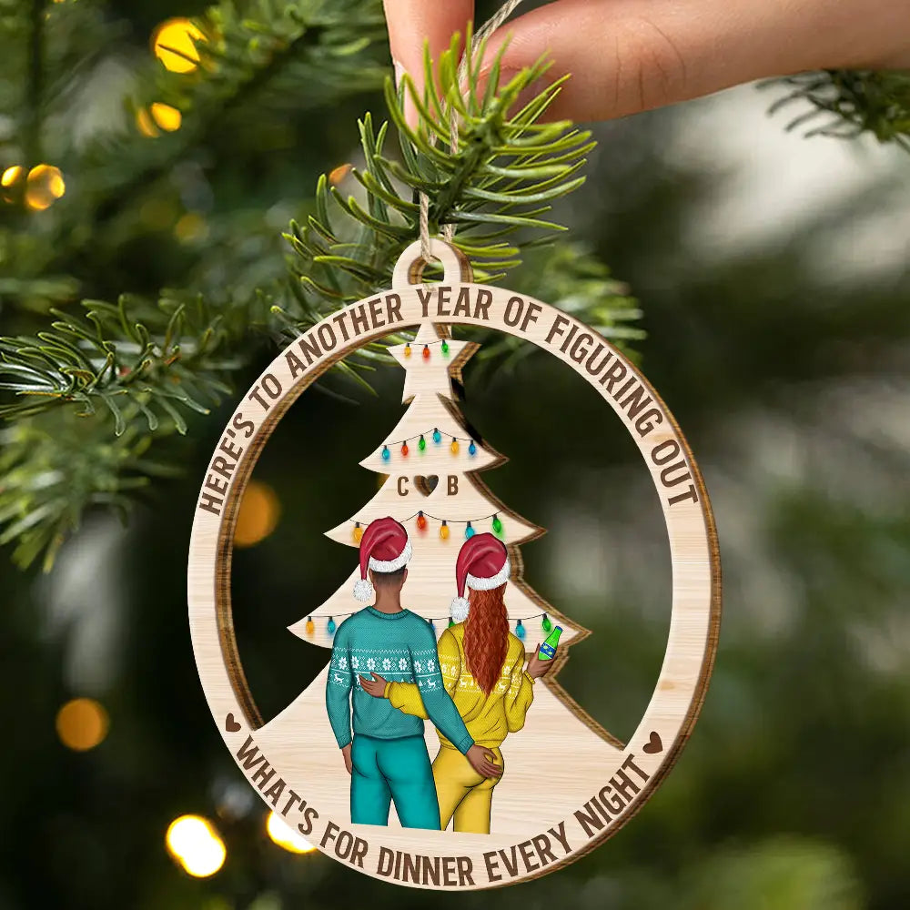 Christmas Couple Figuring Out Dinner - Personalized Wooden Cutout Ornament