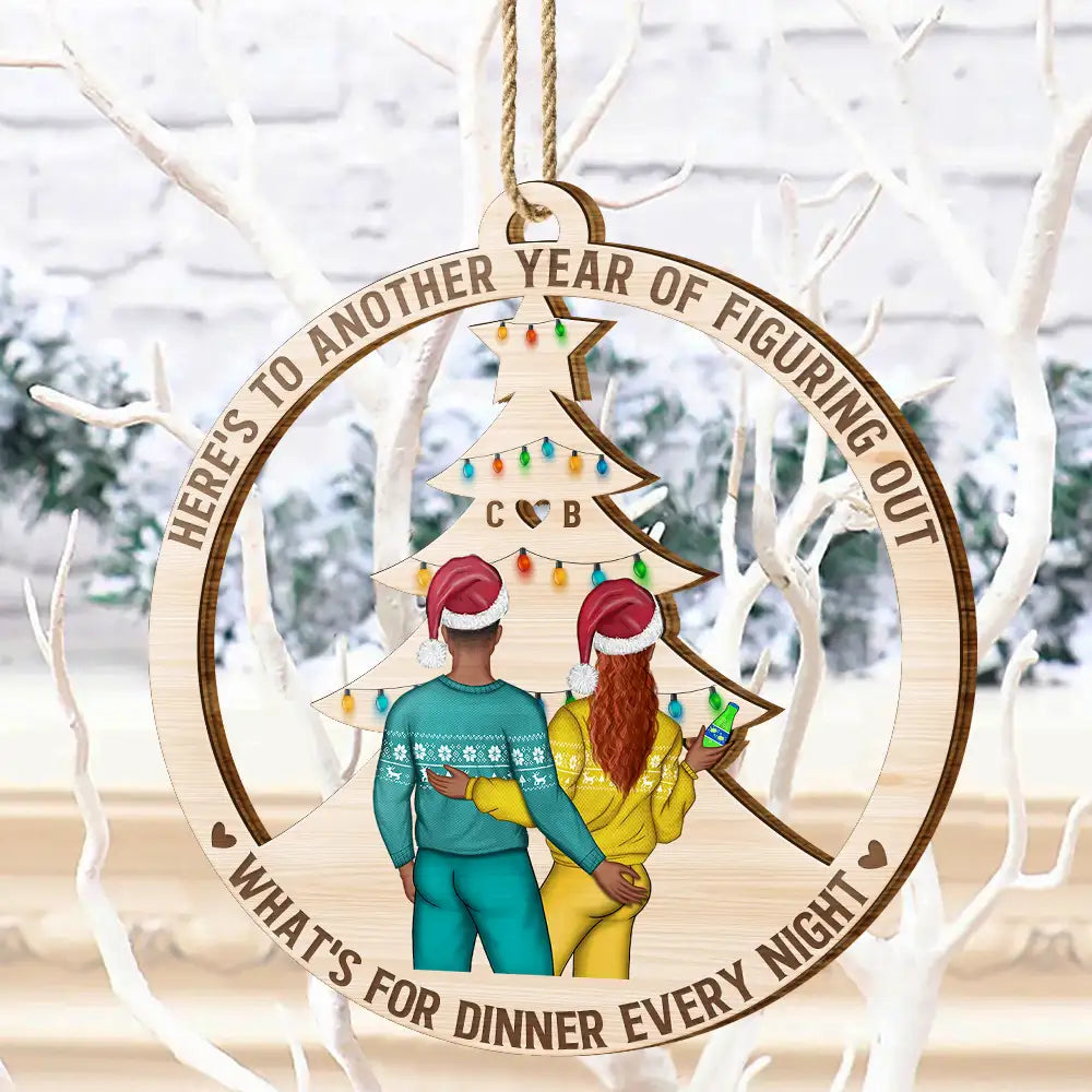 Christmas Couple Figuring Out Dinner - Personalized Wooden Cutout Ornament