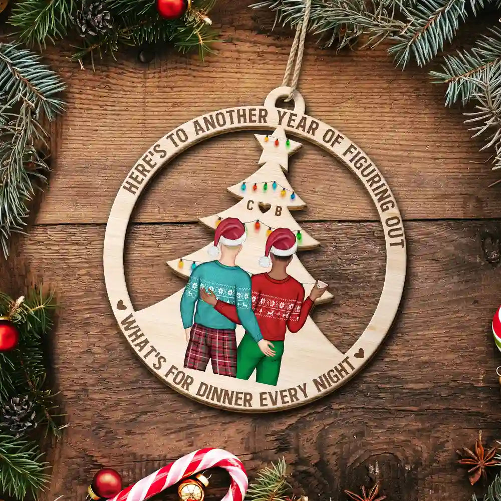 Christmas Couple Figuring Out Dinner - Personalized Wooden Cutout Ornament