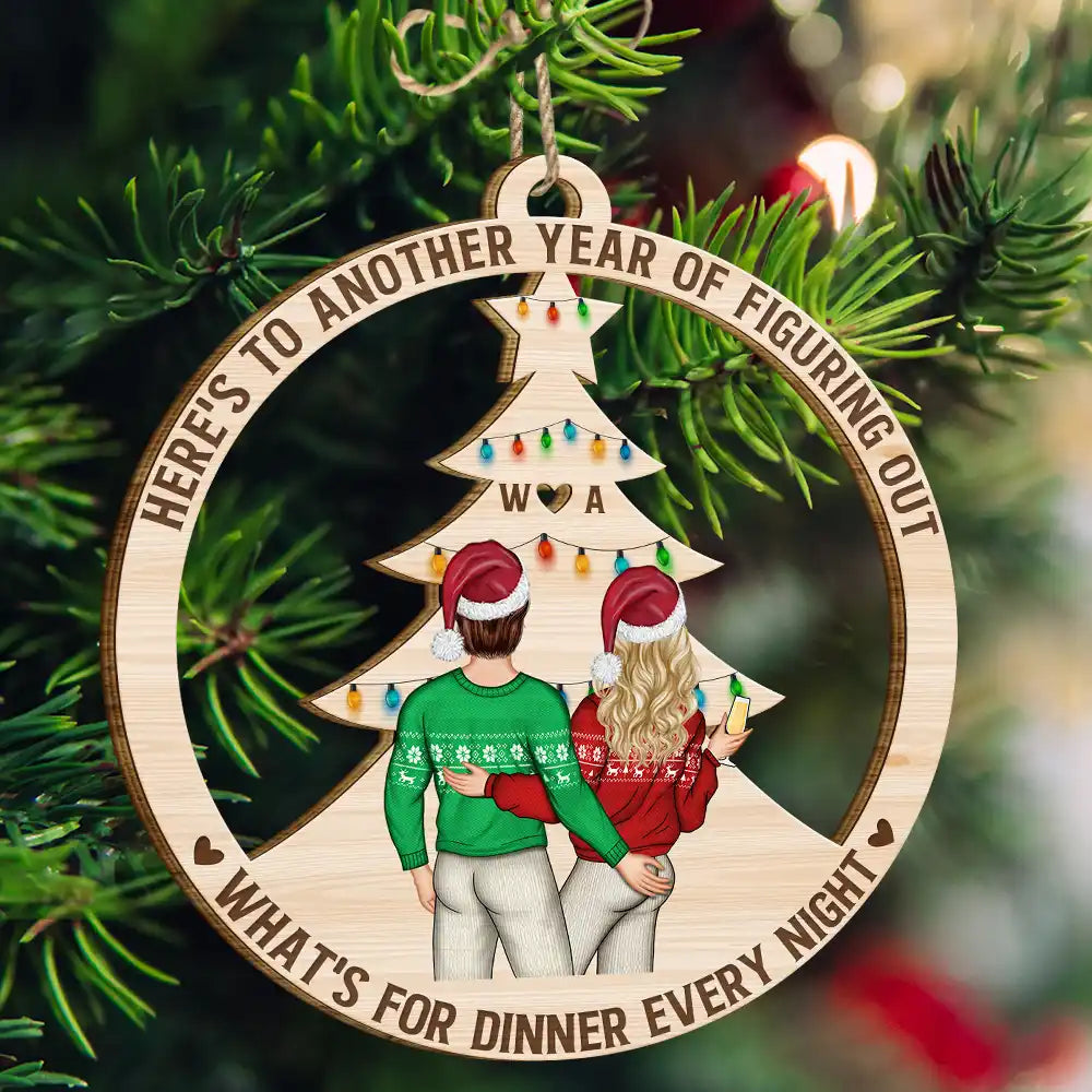 Christmas Couple Figuring Out Dinner - Personalized Wooden Cutout Ornament