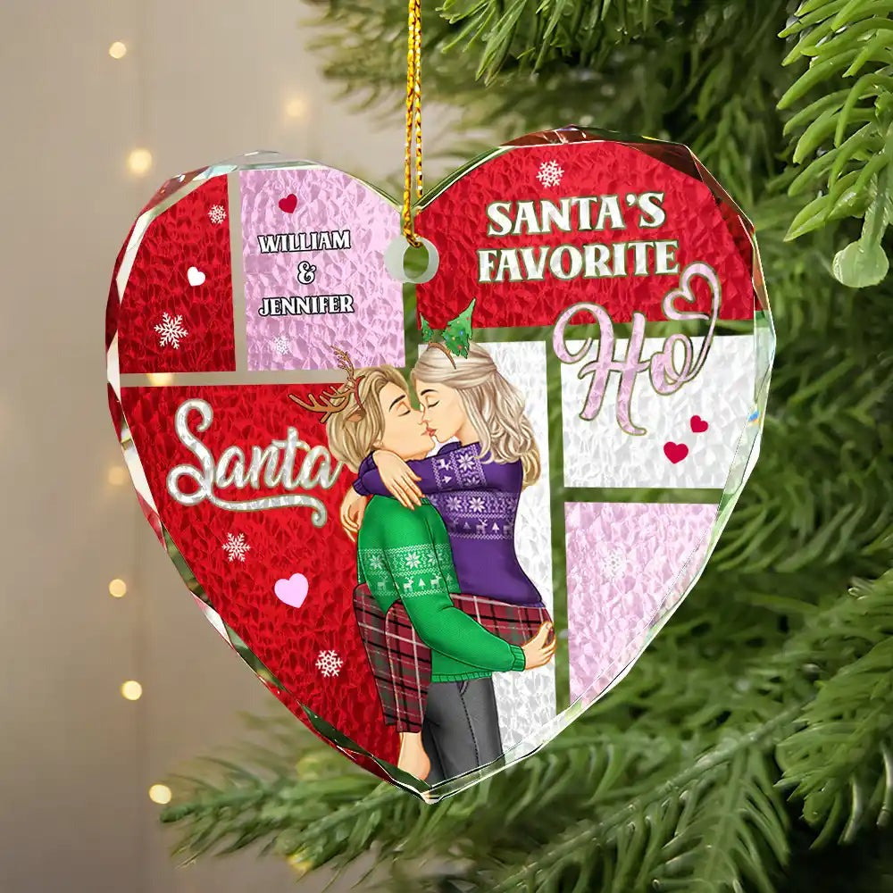 Santa's Favorite Ho - Personalized Heart Shaped Glass Ornament