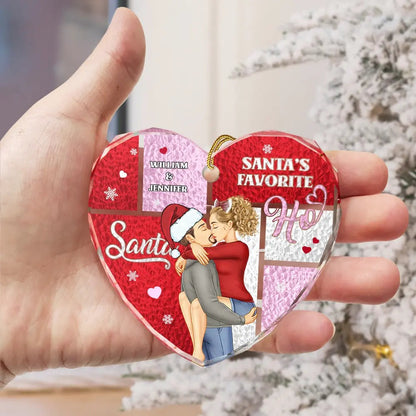 Santa's Favorite Ho - Personalized Heart Shaped Glass Ornament