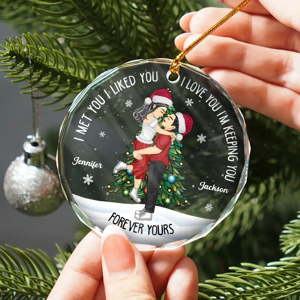 Christmas Couple Kissing Forever Yours - Personalized Circle Acrylic Ornament