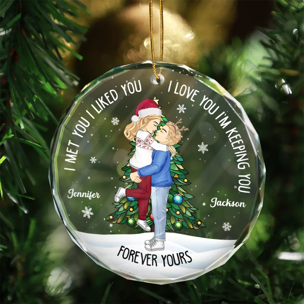 Christmas Couple Kissing Forever Yours - Personalized Circle Glass Ornament