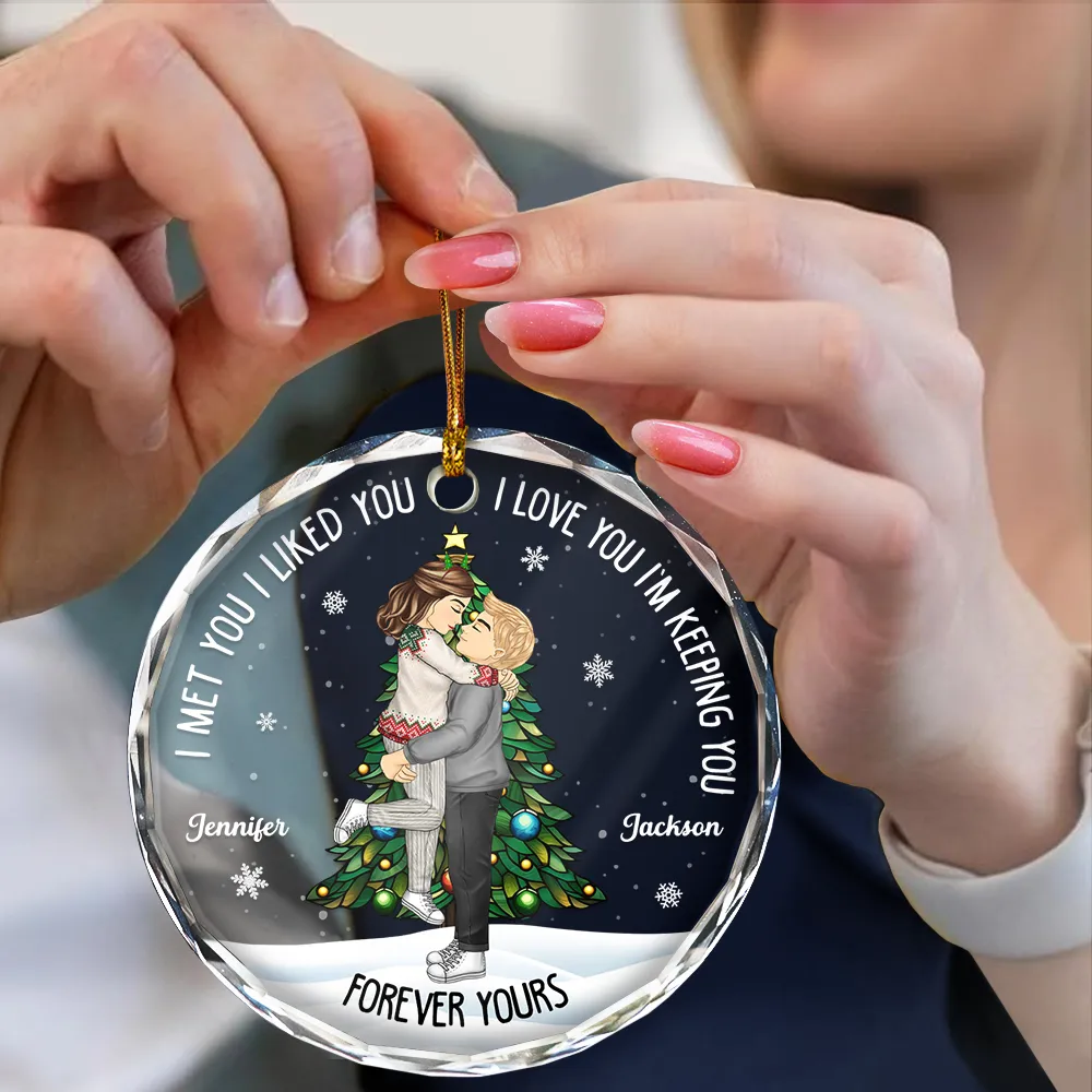 Christmas Couple Kissing Forever Yours - Personalized Circle Acrylic Ornament