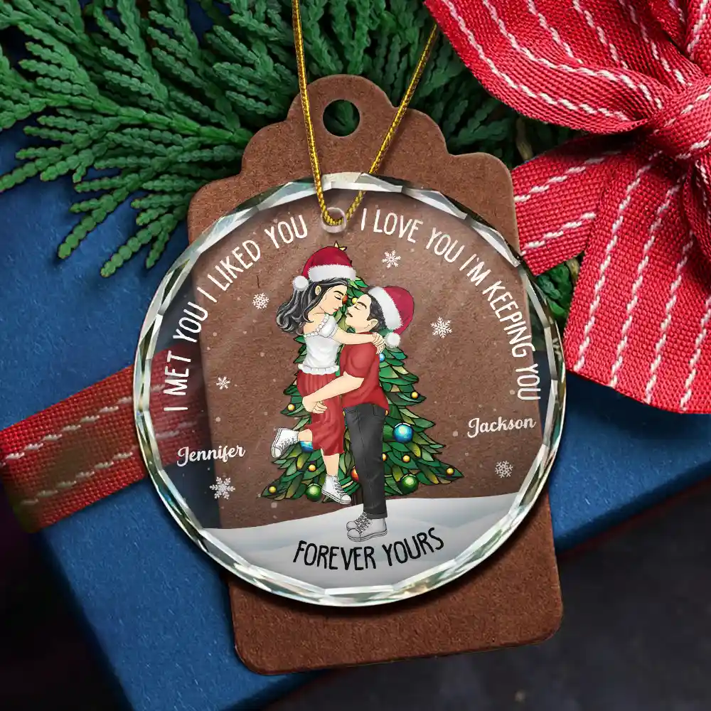 Christmas Couple Kissing Forever Yours - Personalized Circle Acrylic Ornament