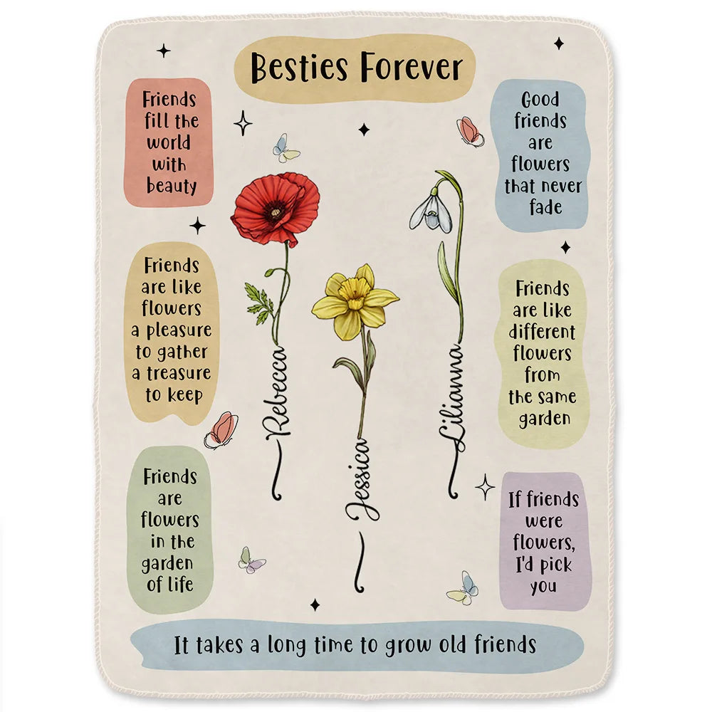 Birth Flower Besties Forever Grow An Old Friend - Personalized Fleece Blanket, Sherpa Blanket