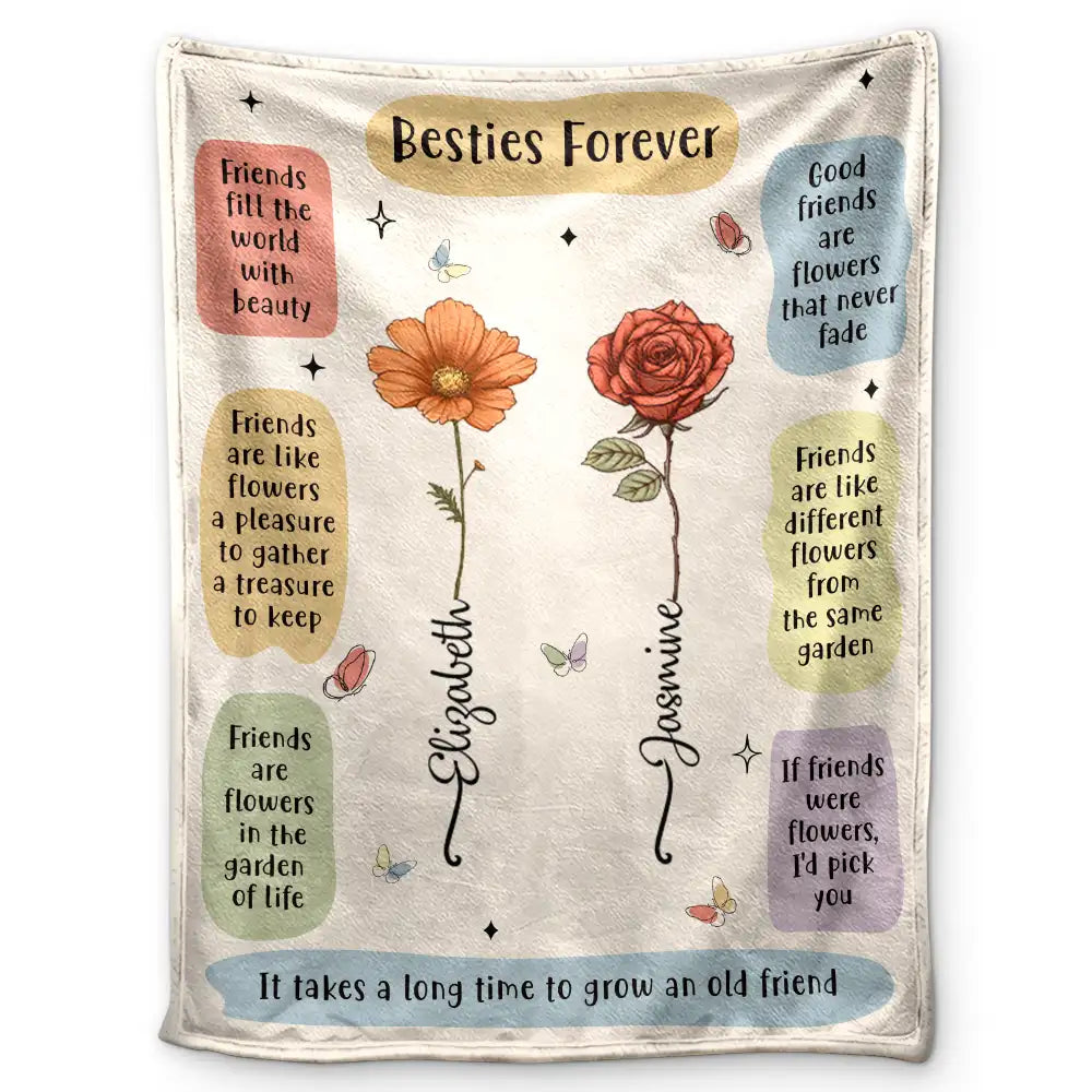 Birth Flower Besties Forever Grow An Old Friend - Personalized Fleece Blanket, Sherpa Blanket