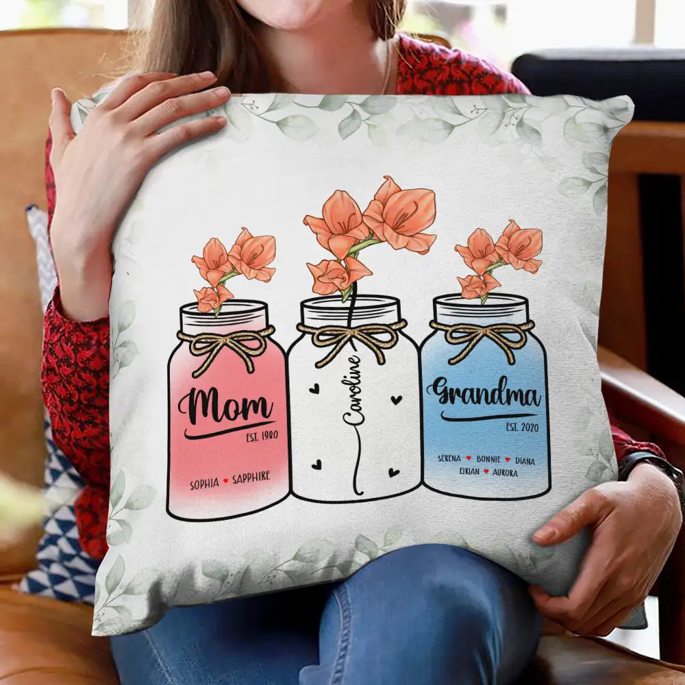 Birth Flower Mason Jar Mom Grandma - Personalized Pillow