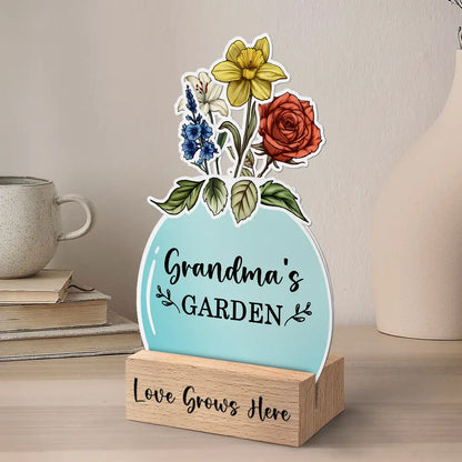 Birth Flower Grandma's Garden - Personalized Custom Shaped Cardstock With Wooden Stand