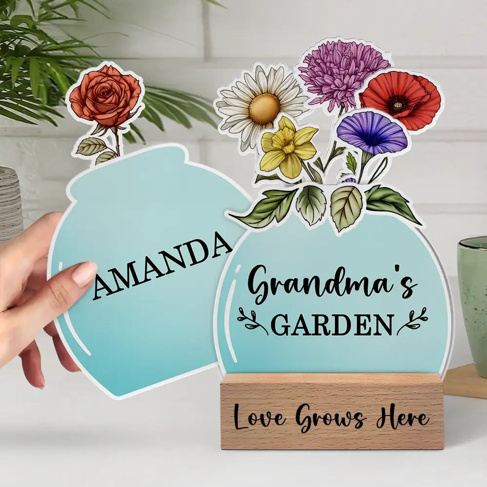 Birth Flower Grandma's Garden - Personalized Custom Shaped Cardstock With Wooden Stand