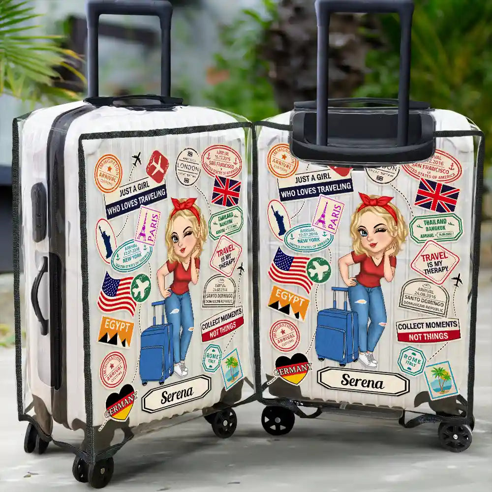 Travel Sticker Just A Girl Who Loves Traveling - Personalized Clear Luggage Cover