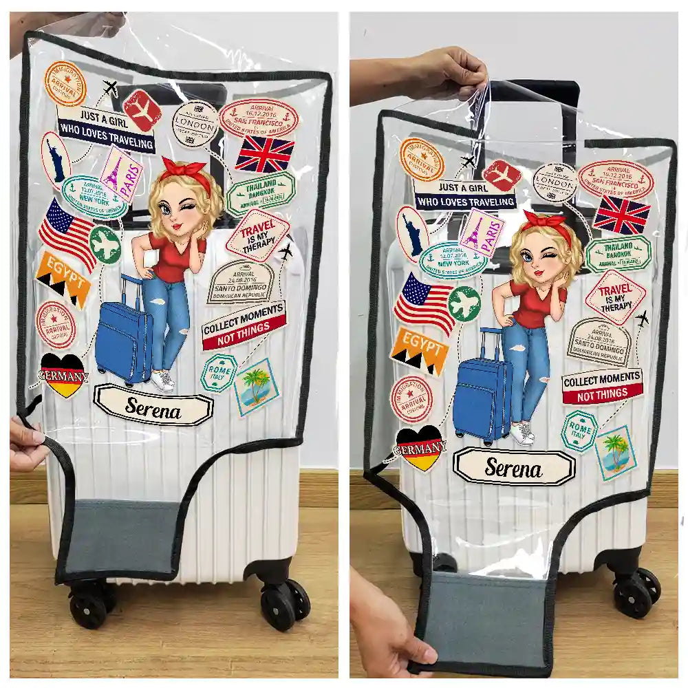 Travel Sticker Just A Girl Who Loves Traveling - Personalized Clear Luggage Cover