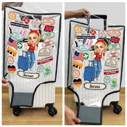 Travel Sticker Just A Girl Who Loves Traveling - Personalized Clear Luggage Cover
