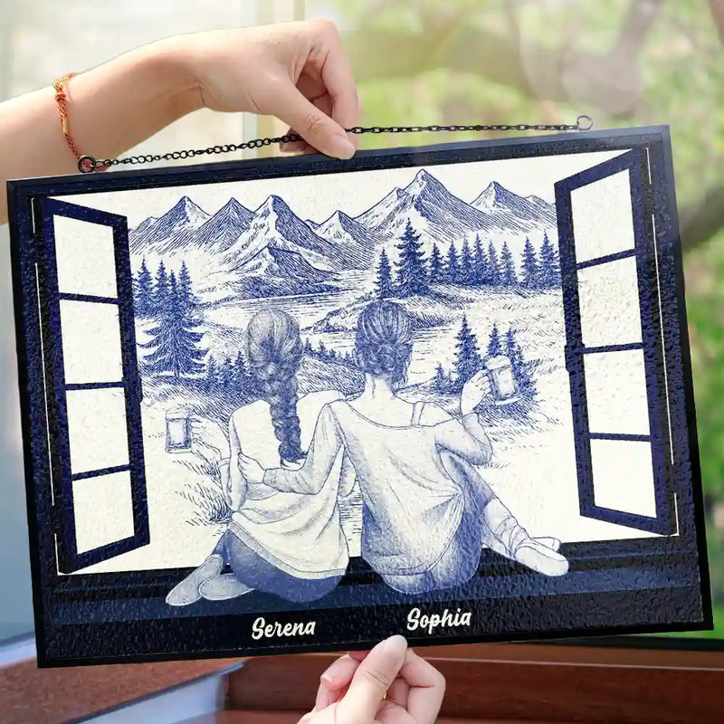 Mountain Cabin Window Toile Art Bestie - Personalized Horizontal Stained Suncatcher