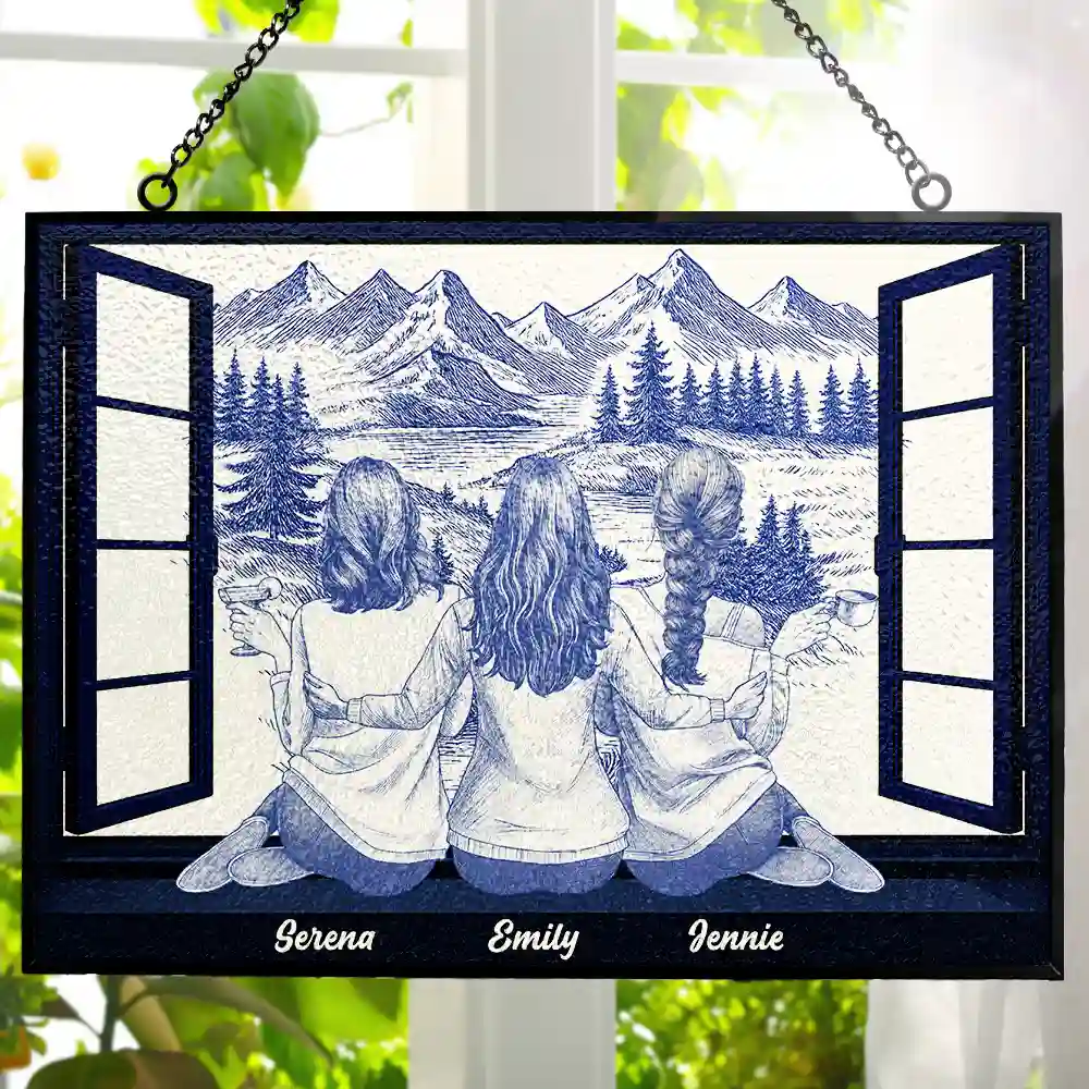 Mountain Cabin Window Toile Art Bestie - Personalized Horizontal Stained Suncatcher