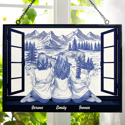Mountain Cabin Window Toile Art Bestie - Personalized Horizontal Stained Suncatcher