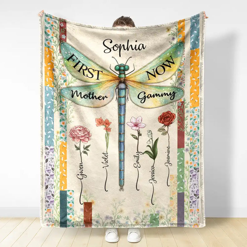 Dragonfly Birth Month Flower First Mom Now Grandma - Personalized Fleece Blanket