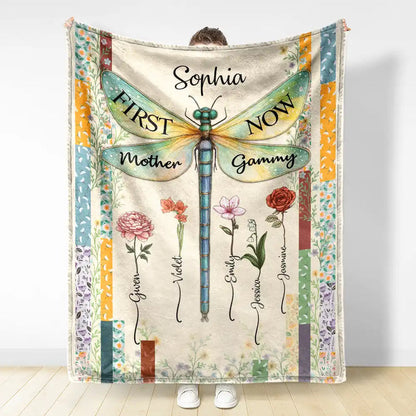 Dragonfly Birth Month Flower First Mom Now Grandma - Personalized Fleece Blanket