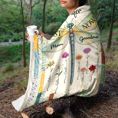 Dragonfly Birth Month Flower First Mom Now Grandma - Personalized Fleece Blanket