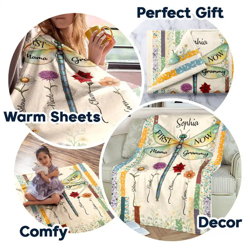 Dragonfly Birth Month Flower First Mom Now Grandma - Personalized Fleece Blanket