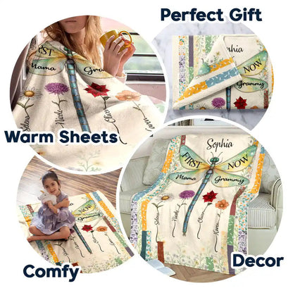 Dragonfly Birth Month Flower First Mom Now Grandma - Personalized Fleece Blanket
