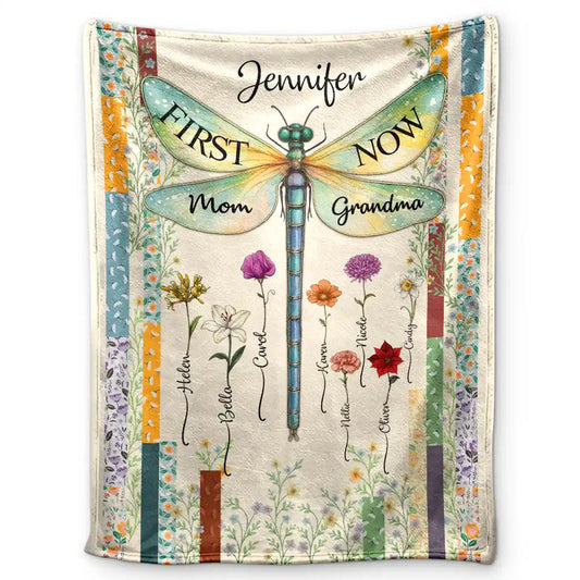 Dragonfly Birth Month Flower First Mom Now Grandma - Personalized Fleece Blanket