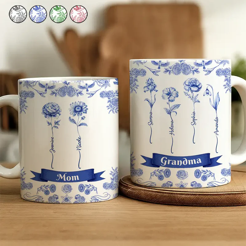 Toile De Jouy Birth Flowers For Grandma And Mom - Personalized White Edge-to-Edge Mug